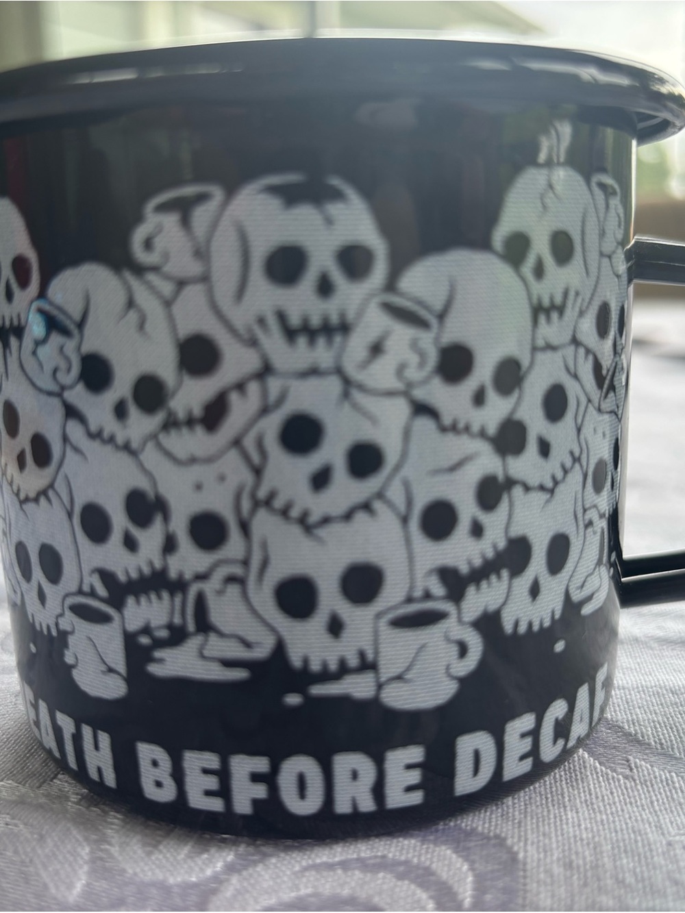 Pyknic enamel coffee Mug - Death Before Decaf skull & bones great